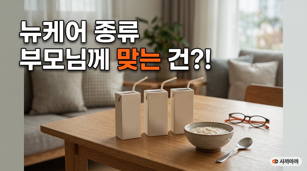 식탁 위에 빨대를 꽂은 영양식 팩 세 개와 죽 그릇, 돋보기안경이 놓인 뉴케어 종류 썸네일