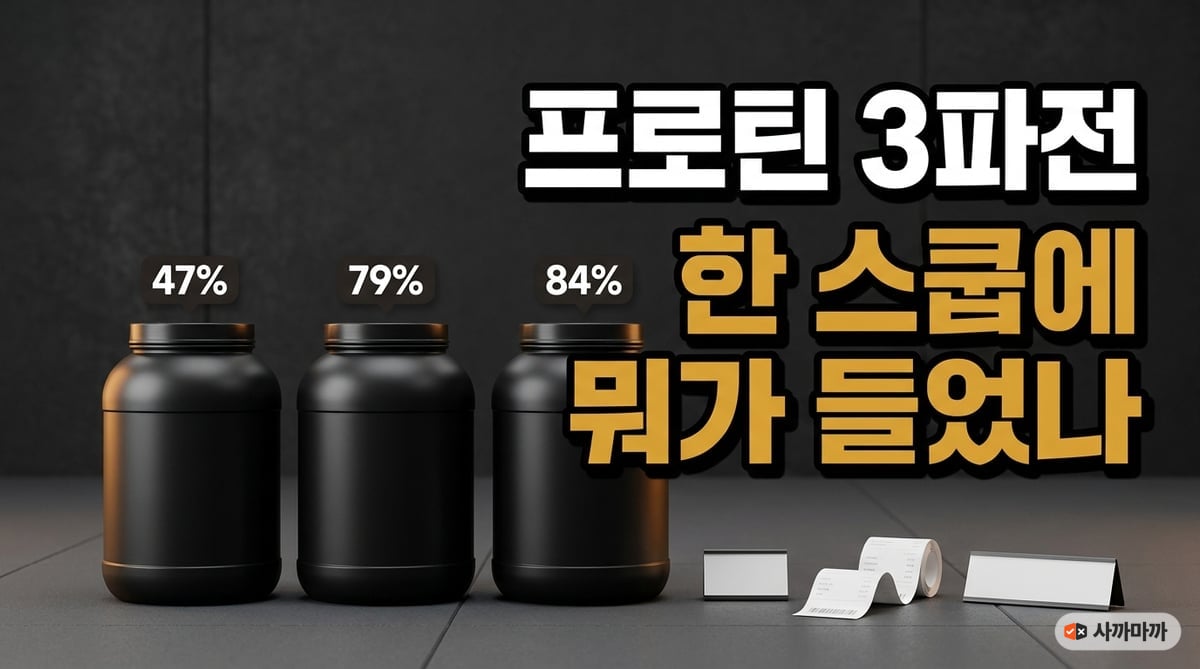 단백질보충제 세 통을 나란히 놓고 스쿱 1회 단백질 비율 47·79·84%를 표시한 비교 사진