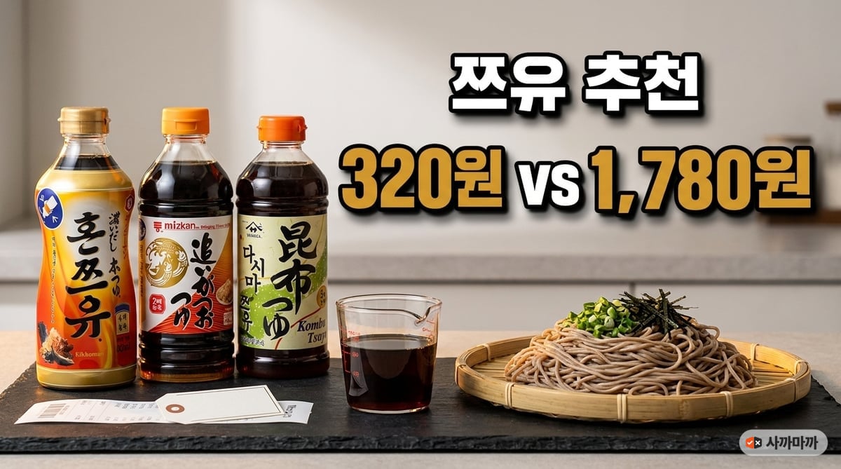 쯔유 세 병과 희석한 국물 계량컵, 메밀소바를 놓고 국물 100ml당 값 320원과 1,780원을 비교한 썸네일