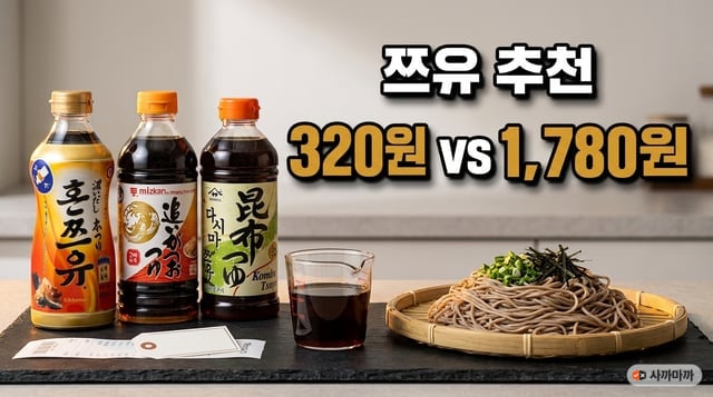 쯔유 세 병과 희석한 국물 계량컵, 메밀소바를 놓고 국물 100ml당 값 320원과 1,780원을 비교한 썸네일