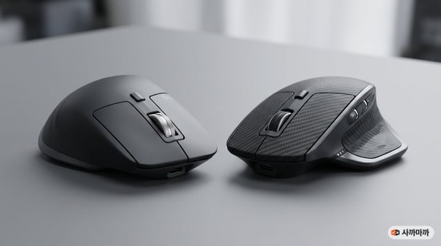 로지텍 MX Master 3s와 MX Master 4 두 마우스를 나란히 놓고 비교하는 제품 사진