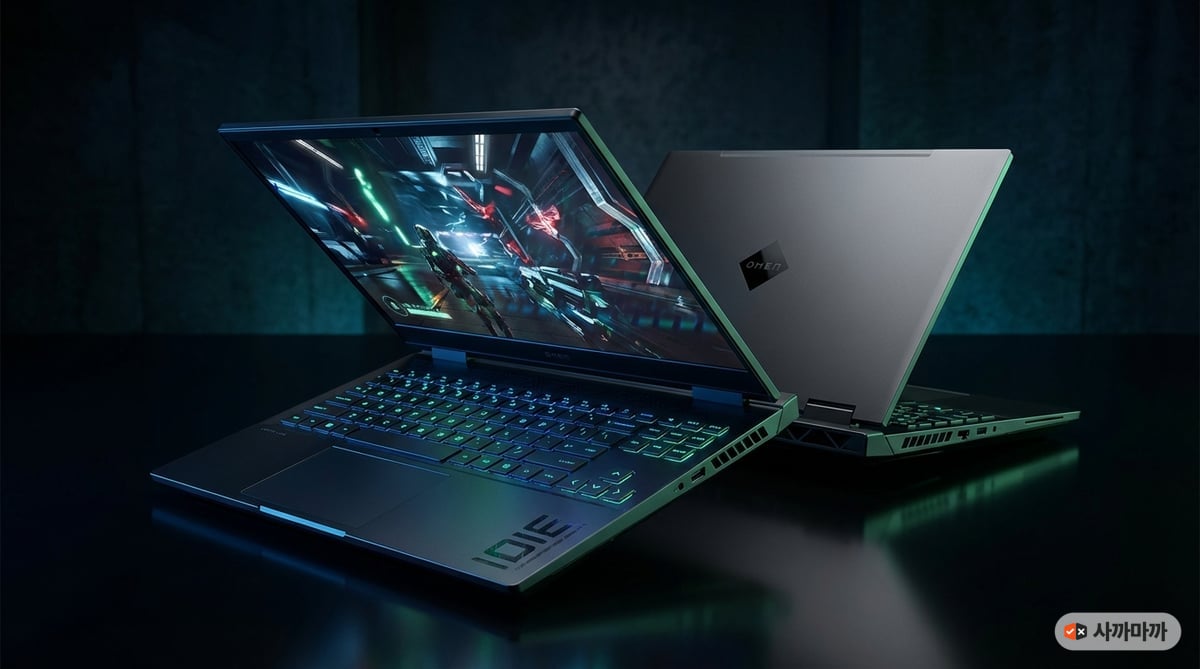 HP OMEN MAX 16 게이밍 노트북 제품 사진, Shadow Black 컬러에 RGB 키보드가 빛나는 모습