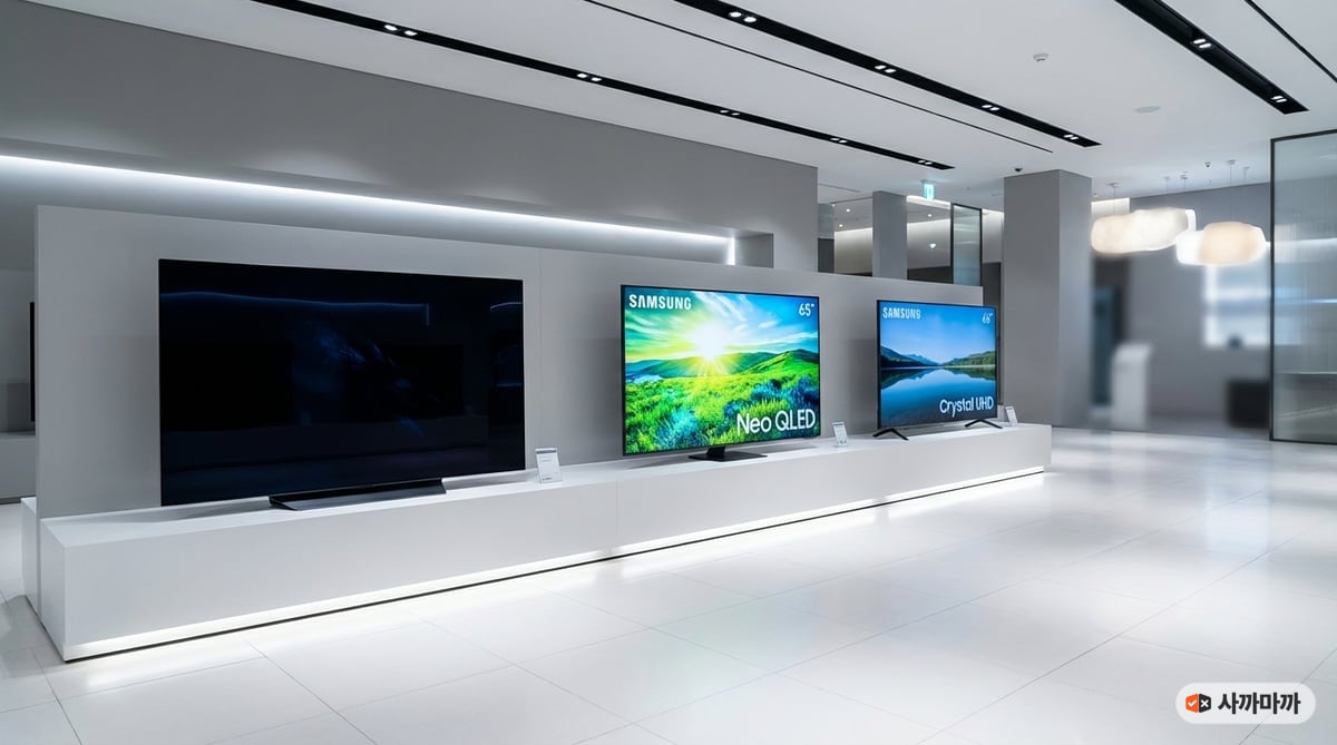 쇼룸에 나란히 놓인 65인치 TV 세 대, OLED·Neo QLED·Crystal UHD