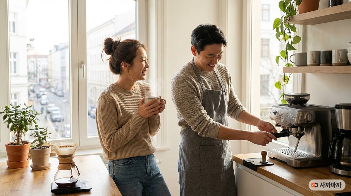 30대 한국 커플이 아늑한 아파트 주방에서 함께 홈브루잉 커피를 즐기는 아침 라이프스타일 사진