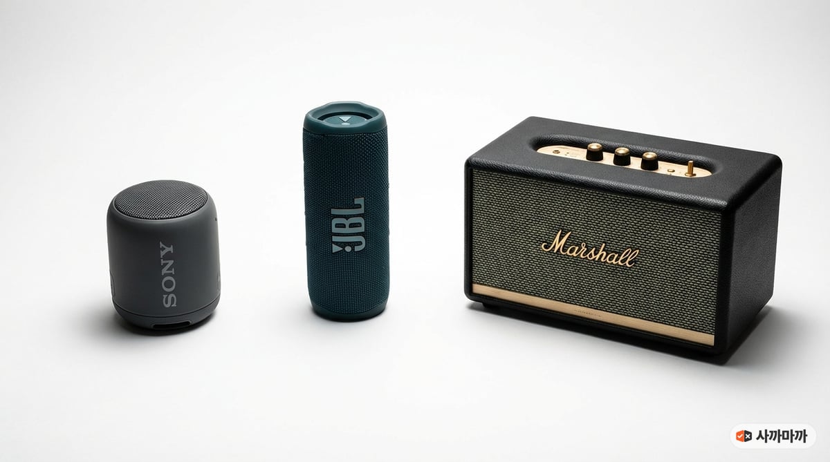 소니 ULT FIELD 1, JBL Charge 6, 마샬 엠버튼 III 세 대의 블루투스 스피커가 흰 배경 위에 나란히 놓인 제품 비교 사진