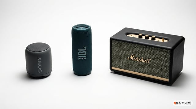 소니 ULT FIELD 1, JBL Charge 6, 마샬 엠버튼 III 세 대의 블루투스 스피커가 흰 배경 위에 나란히 놓인 제품 비교 사진