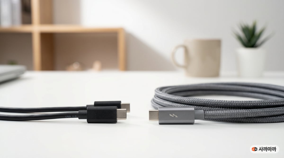일반 USB-C 충전 케이블과 썬더볼트4 케이블 비교