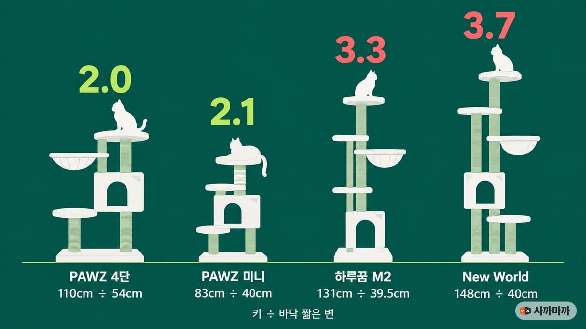 캣타워 키를 바닥판 짧은 변으로 나눈 값: PAWZ 4단 110÷54=2.0, PAWZ 미니 83÷40=2.1, 하루꿈 M2 131÷39.5=3.3, New World 148÷40=3.7
