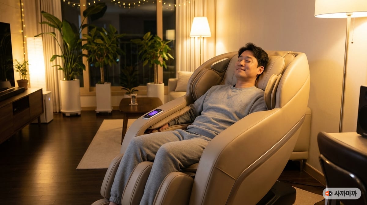 거실 안마의자에 편안하게 기대어 눈을 감고 있는 40대 한국 남성