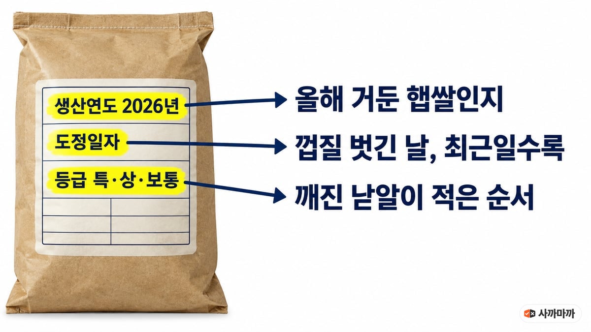 쌀 포대 뒷면 표시 칸에서 생산연도 2026년은 올해 거둔 햅쌀인지, 도정일자는 껍질 벗긴 날로 최근일수록 좋고, 등급 특·상·보통은 깨진 낟알이 적은 순서라는 설명 인포그래픽