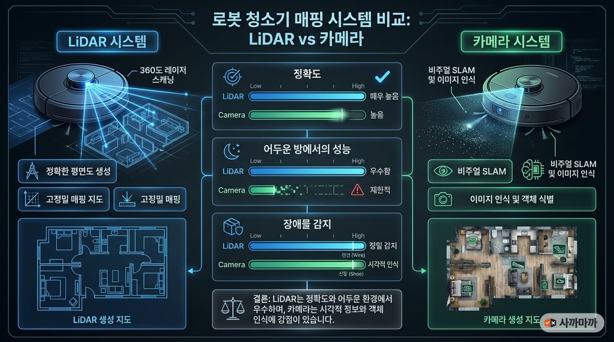 LiDAR 매핑과 카메라(vSLAM) 매핑 방식의 작동 원리 및 성능 비교 인포그래픽. 레이저 ToF 센서와 광학 카메라 센서의 구조 차이를 시각적으로 설명
