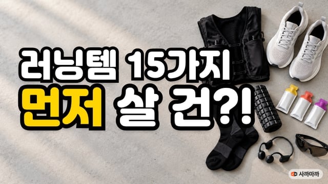 콘크리트 바닥 위에 가지런히 놓인 러닝화·러닝조끼·압박 양말·폼롤러·에너지젤·오픈형 이어폰