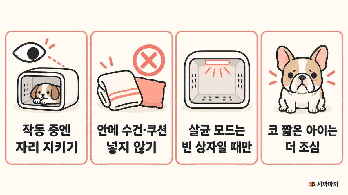 펫드라이룸 안전 수칙 4가지: 작동 중엔 자리 지키기, 안에 수건·쿠션 넣지 않기, 살균 모드는 빈 상자일 때만, 코 짧은 아이는 더 조심