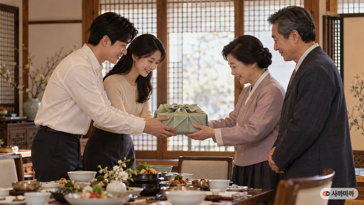 한정식 식당 룸에서 예비부부가 식사를 마치고 예비 시어머니께 옥색 보자기로 싼 선물 상자를 두 손으로 건네는 장면