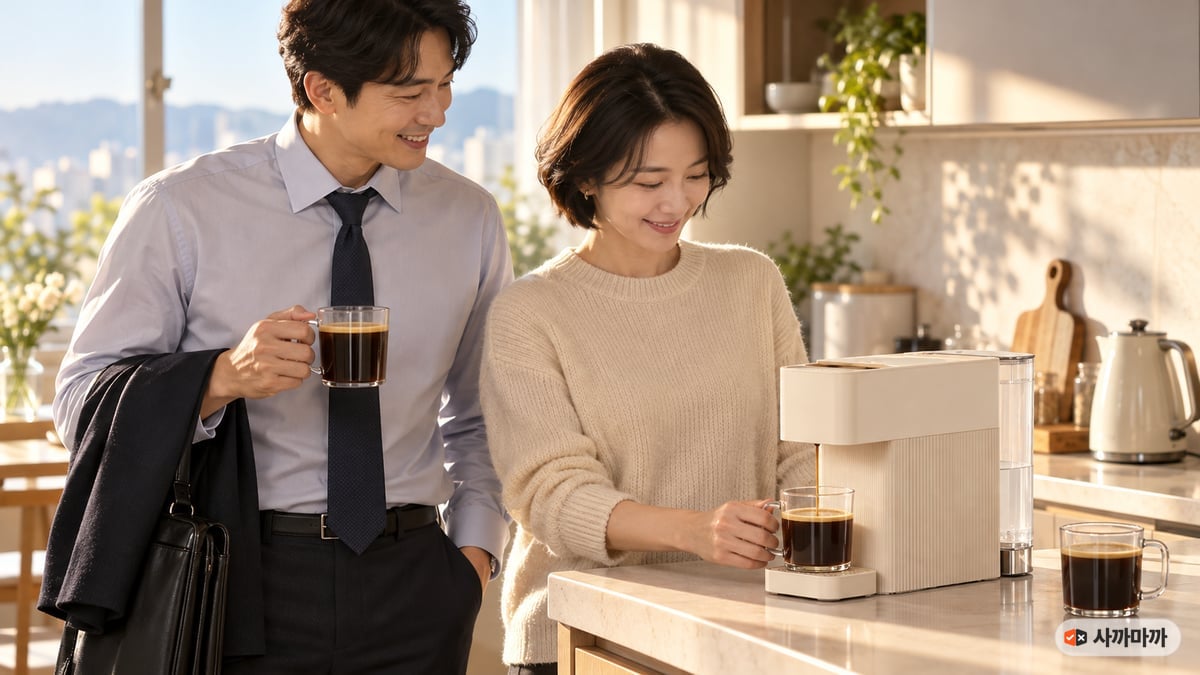 아침 주방에서 30대 부부가 크림 화이트 카누 바리스타 브리즈로 아메리카노를 한 잔씩 내리는 장면