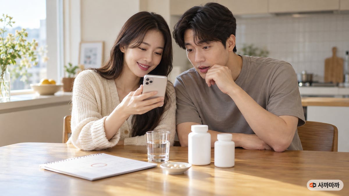주말 아침 식탁에서 30대 아내가 휴대폰 화면을 남편에게 보여 주고 남편이 놀란 얼굴로 들여다보는 모습, 식탁 위에 흰 영양제 통과 물컵