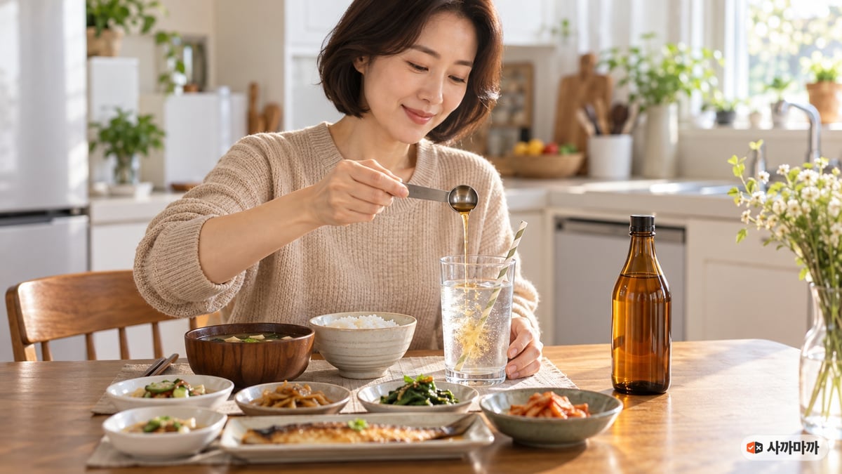 밥상을 차린 식탁에서 40대 여성이 계량 큰술로 사과식초를 빨대 꽂힌 물컵에 붓는 모습