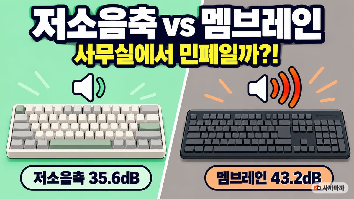저소음축과 멤브레인 키보드 소음 비교 — 저소음축 35.6dB, 멤브레인 43.2dB