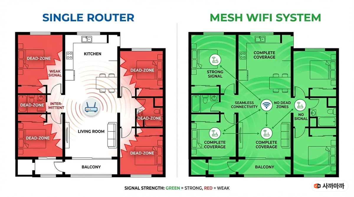 단일 라우터와 메시 WiFi 시스템의 커버리지 비교 인포그래픽. 단일 라우터는 데드존이 많고, 메시 WiFi는 집 전체에 끊김 없는 신호 제공