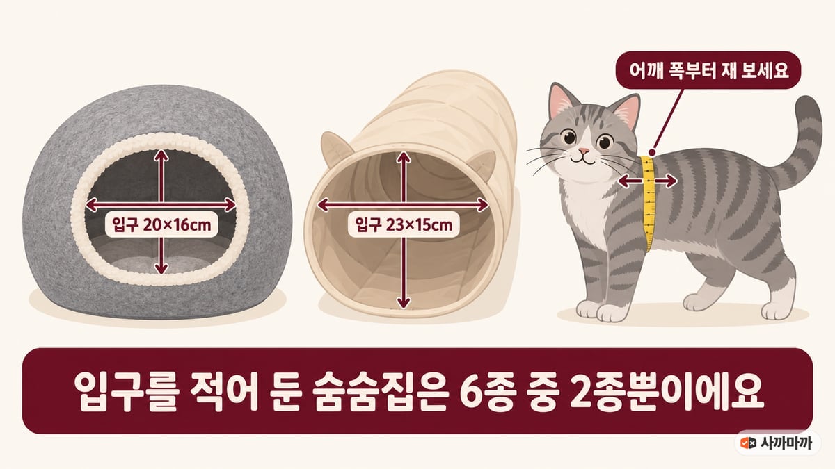고양이 숨숨집 입구 크기 비교 인포그래픽: 펠트 숨숨집 입구 20×16cm, 터널 입구 23×15cm, 고양이 어깨 폭부터 재 보세요, 입구를 적어 둔 숨숨집은 6종 중 2종뿐