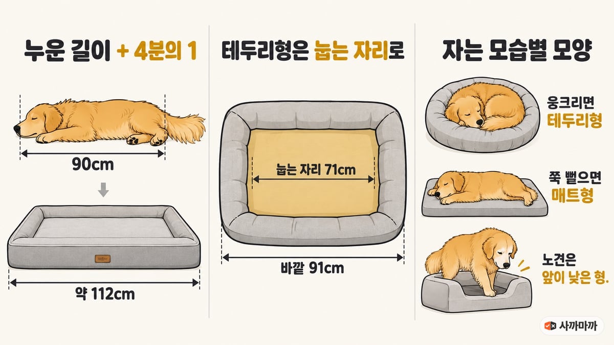 강아지 방석 크기 고르기: 누운 길이 90cm에 4분의 1을 더해 약 112cm, 테두리형은 바깥 91cm여도 눕는 자리는 71cm, 웅크리면 테두리형·쭉 뻗으면 매트형·노견은 앞이 낮은 형