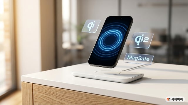 무선충전 패드 위에 스마트폰이 자석 정렬로 정확히 위치한 모습, 블루 라이트와 함께 Qi·Qi2·MagSafe 규격 아이콘이 표시된 프리미엄 제품 사진