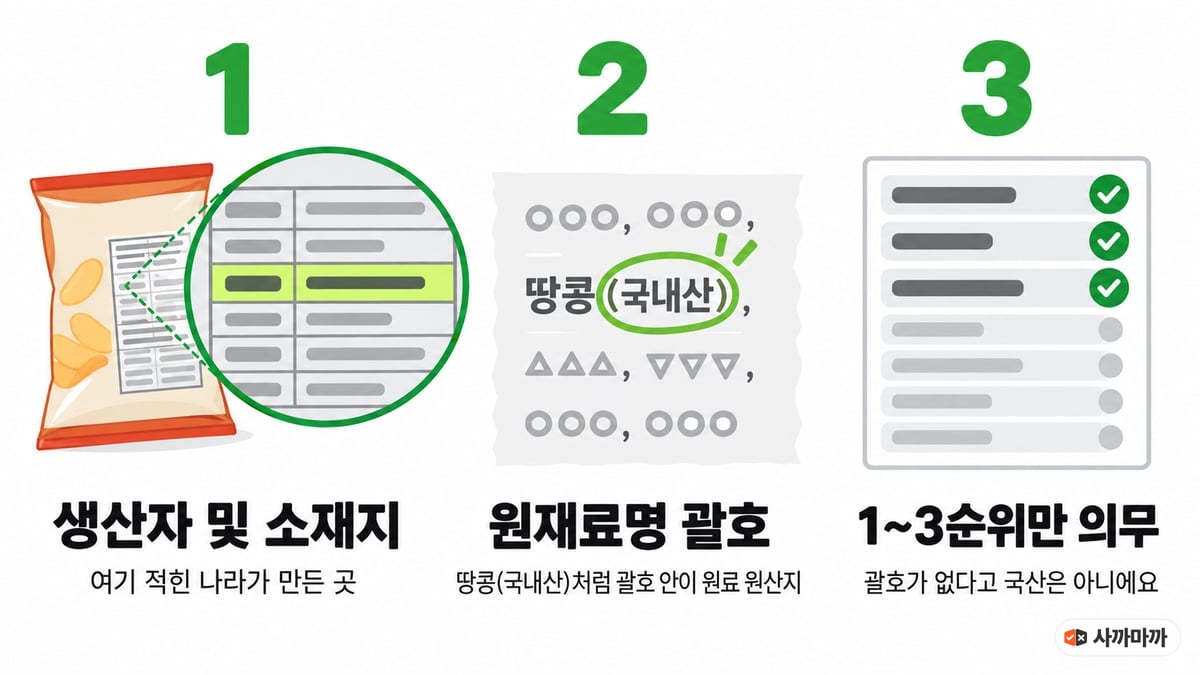 과자 뒷면 원산지 읽는 법 3단계: 생산자 및 소재지에 적힌 나라가 만든 곳, 원재료명 괄호 안이 원료 원산지, 원산지 표시는 1~3순위 원료만 의무라 괄호가 없다고 국산은 아니라는 인포그래픽
