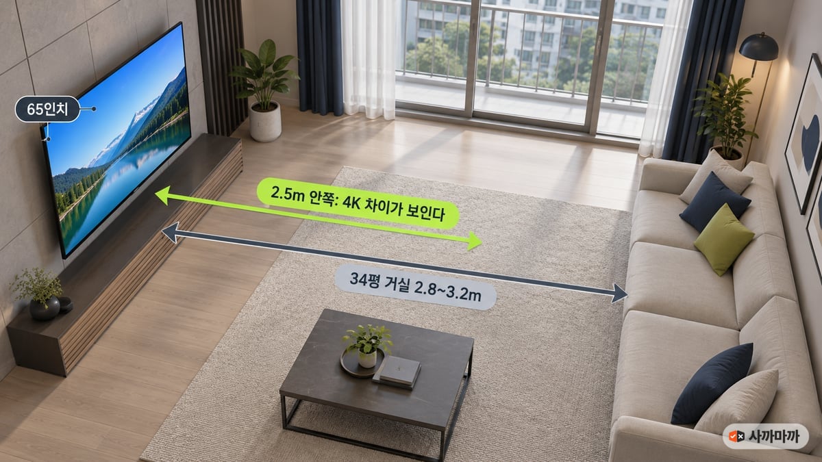 65인치 TV와 소파 사이 거리를 표시한 거실 그림. 2.5m 안쪽은 4K 차이가 보이는 거리, 34평 거실 소파까지는 2.8~3.2m