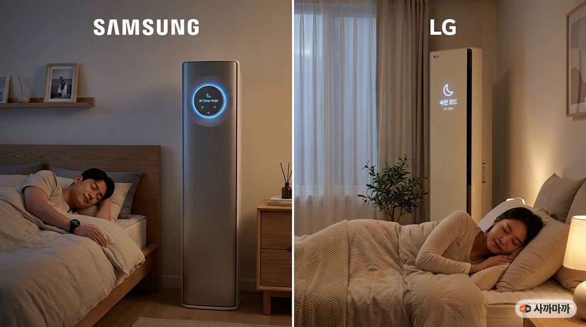 삼성 갤럭시워치 연동 수면 관리와 LG 센서 기반 수면 관리를 비교한 두 침실 장면