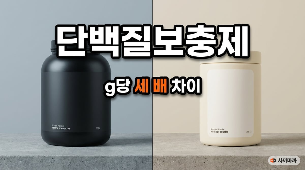헬스용 검은 프로틴 통과 시니어용 크림색 영양 파우더 통이 나란히 놓인 비교 사진