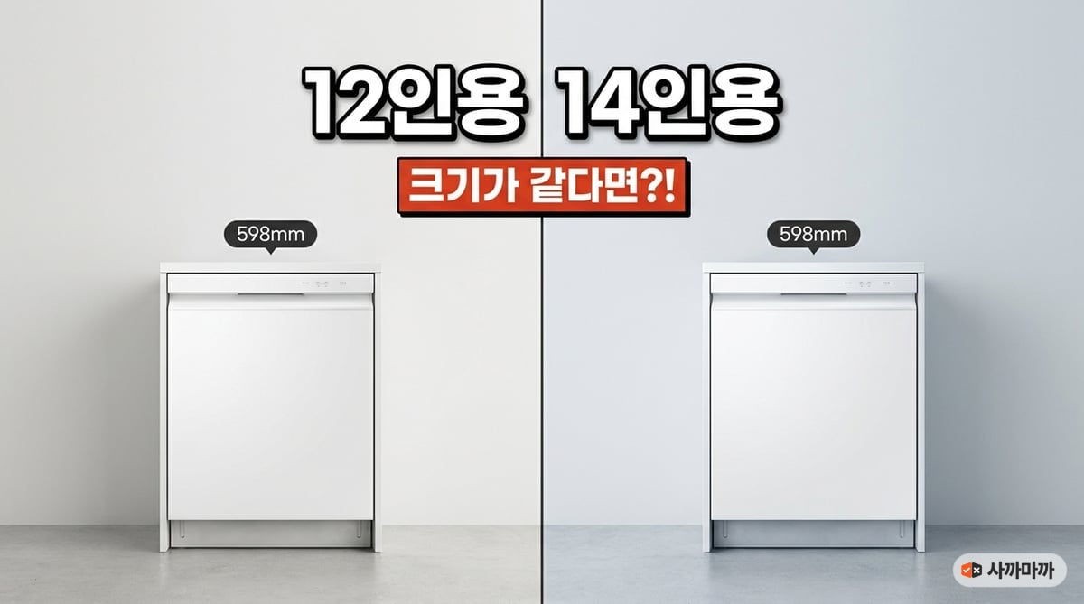 12인용과 14인용 빌트인 식기세척기를 나란히 놓고 폭 598mm를 표시한 비교 사진