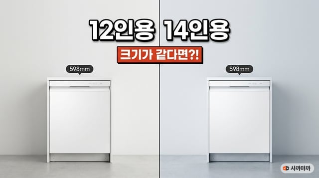 12인용과 14인용 빌트인 식기세척기를 나란히 놓고 폭 598mm를 표시한 비교 사진