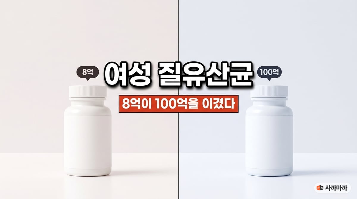 유산균 두 병을 나란히 놓고 8억과 100억을 표시한 비교 사진