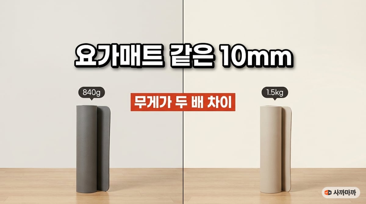 같은 10mm 두께의 요가매트 둘을 나란히 놓고 840g과 1.5kg을 표시한 사진