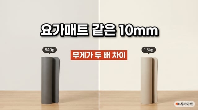 같은 10mm 두께의 요가매트 둘을 나란히 놓고 840g과 1.5kg을 표시한 사진