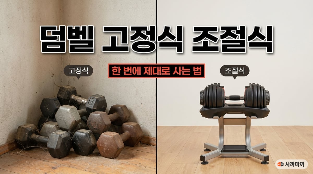 구석에 쌓인 고정식 덤벨과 스탠드 위의 조절식 덤벨을 나란히 놓고 비교한 사진