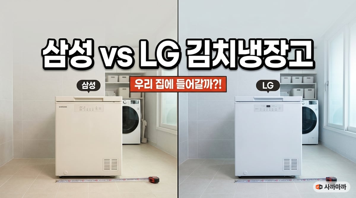 삼성과 LG 뚜껍형 김치냉장고를 나란히 놓고 바닥에 줄자를 둔 비교 사진