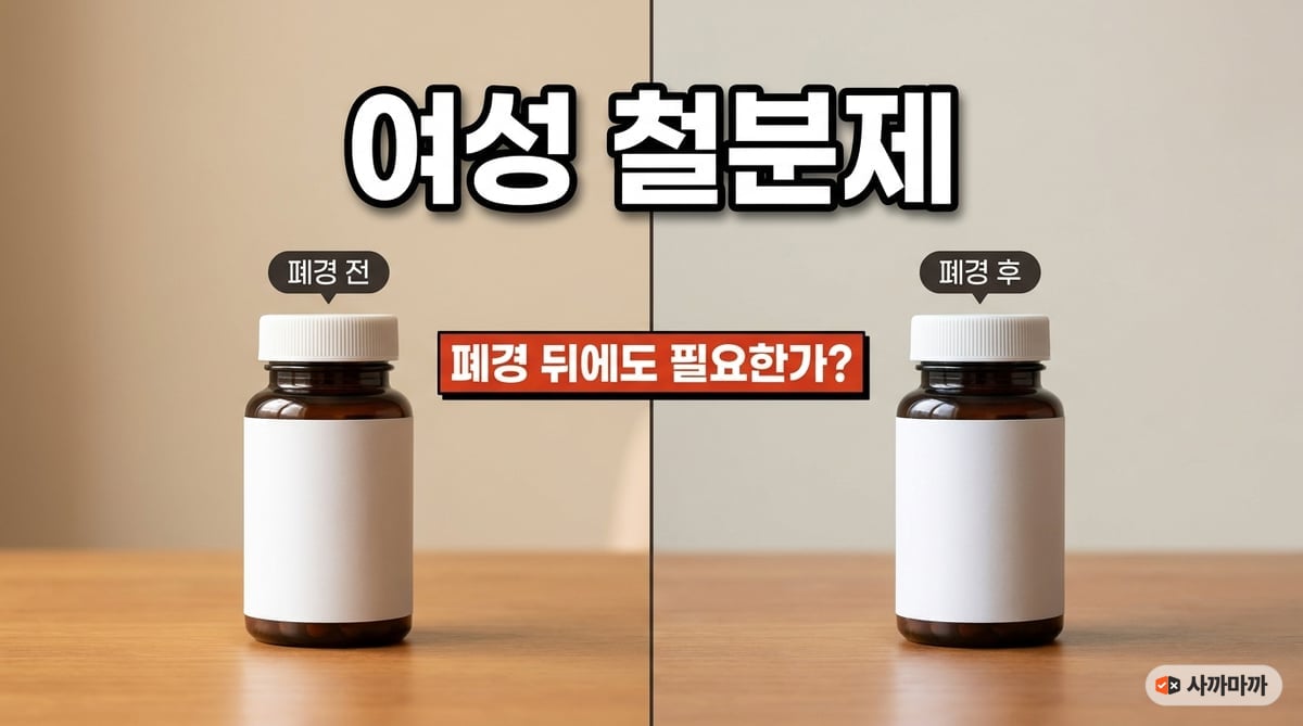 철분제 두 병을 폐경 전과 폐경 후로 나누어 나란히 놓은 사진