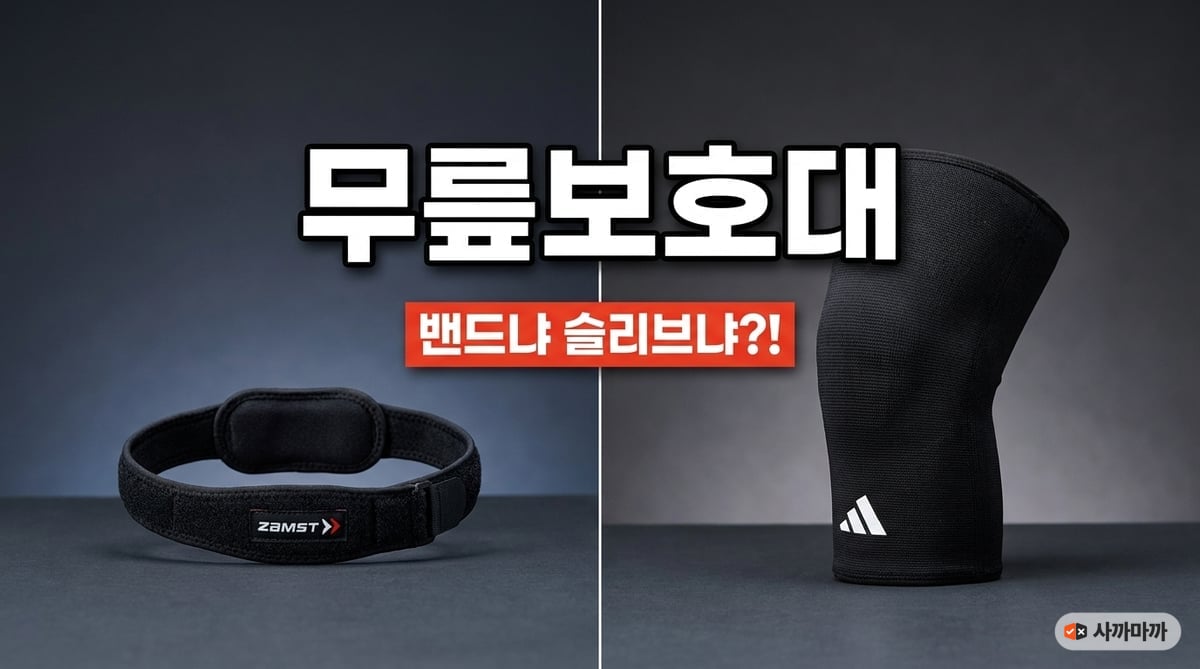 슬개골 밴드형과 압박 슬리브형 무릎보호대를 좌우로 비교한 이미지, 왼쪽은 잠스트 밴드형·오른쪽은 아디다스 슬리브형