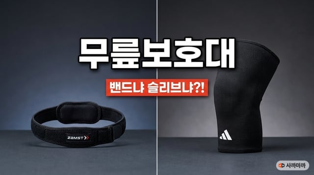 슬개골 밴드형과 압박 슬리브형 무릎보호대를 좌우로 비교한 이미지, 왼쪽은 잠스트 밴드형·오른쪽은 아디다스 슬리브형