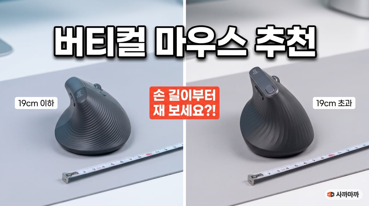 왼쪽에 작은 로지텍 리프트 버티컬 마우스와 19cm 이하 표시, 오른쪽에 큰 로지텍 MX 버티컬과 19cm 초과 표시를 나란히 놓고 줄자를 깐 버티컬 마우스 추천 썸네일