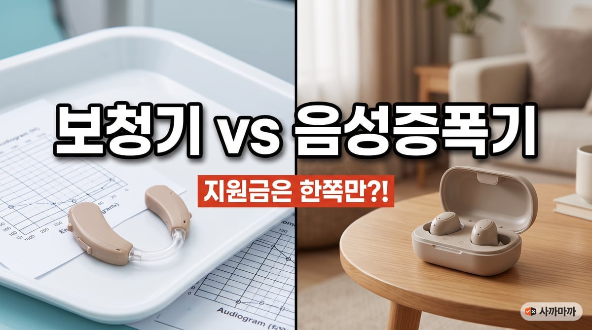 왼쪽에 청력검사표 위 귀걸이형 보청기, 오른쪽에 충전 케이스에 든 귓속형 음성증폭기를 나란히 놓은 보청기 음성증폭기 차이 썸네일