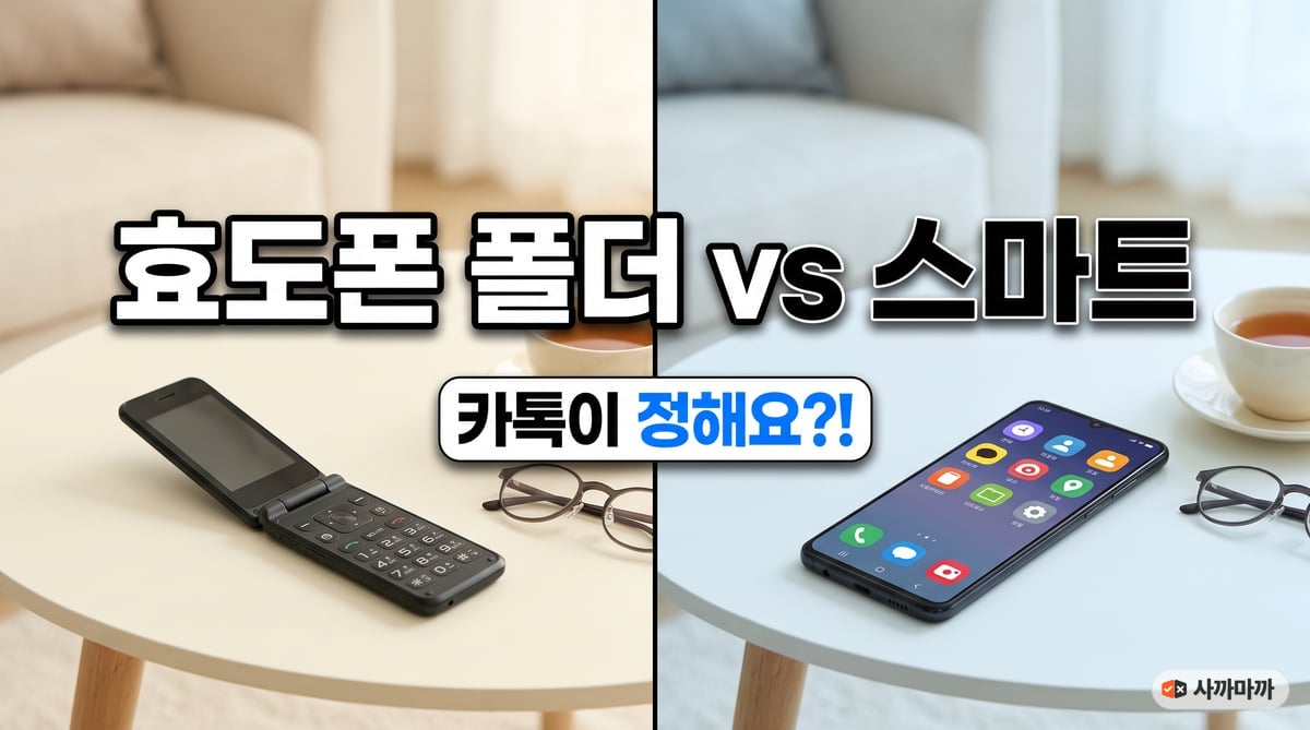 왼쪽에 키패드가 있는 폴더폰, 오른쪽에 큰 아이콘이 뜬 스마트폰을 놓고 효도폰 폴더 vs 스마트를 비교한 썸네일