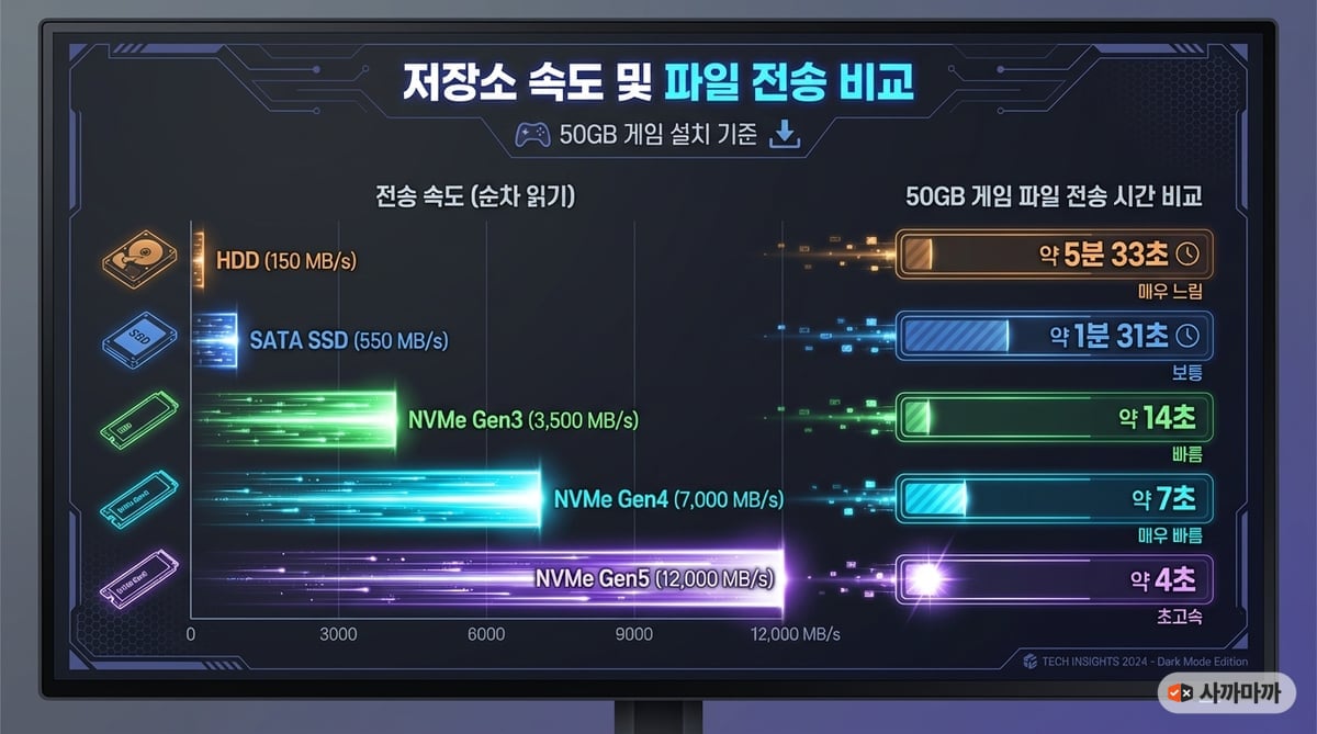 SATA SSD, NVMe Gen3, Gen4, Gen5의 순차 읽기/쓰기 속도와 파일 전송 시간을 비교하는 인포그래픽