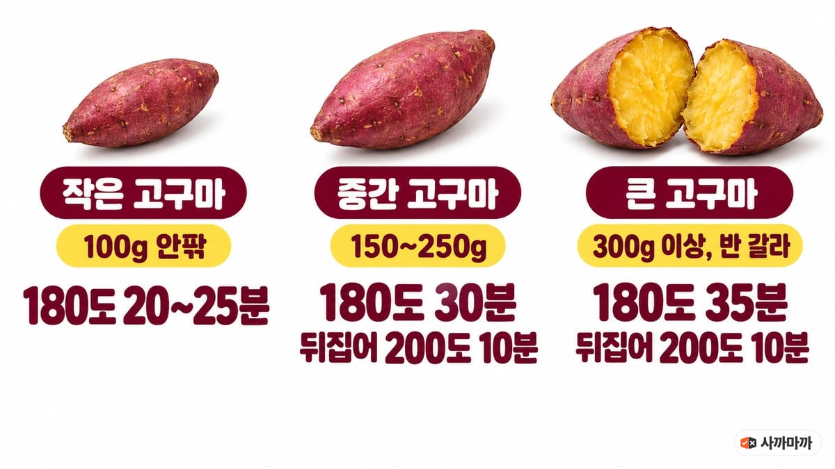 고구마 에어프라이어 크기별 시간: 작은 고구마 100g 안팎 180도 20~25분, 중간 고구마 150~250g 180도 30분 뒤집어 200도 10분, 큰 고구마 300g 이상 반 갈라 180도 35분 뒤집어 200도 10분