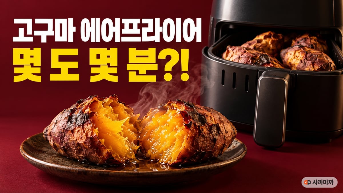 버건디 배경에 바스켓이 열린 에어프라이어 속 군고구마와 반으로 가른 꿀 흐르는 군고구마, 고구마 에어프라이어 몇 도 몇 분이라고 적은 썸네일