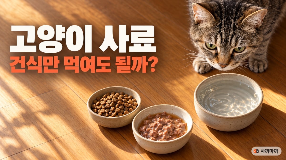 햇살 드는 나무 바닥 위 건사료·습식·물 그릇 세 개와 물그릇을 내려다보는 노묘 고등어 태비, 고양이 사료 건식만 먹여도 될까