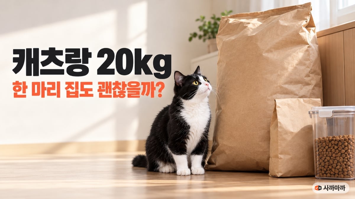 아침 햇살 드는 바닥에 놓인 20kg 사료 포대와 2kg 봉투, 포대를 올려다보는 턱시도 고양이, 캐츠랑 20kg 한 마리 집도 괜찮을까