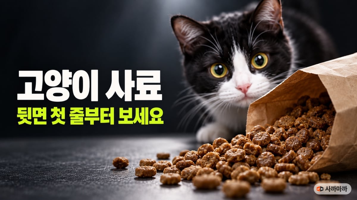 어두운 배경에서 턱시도 고양이가 종이봉투에서 쏟아진 건사료 알갱이를 바라보는 모습, 고양이 사료 뒷면 첫 줄부터 보세요