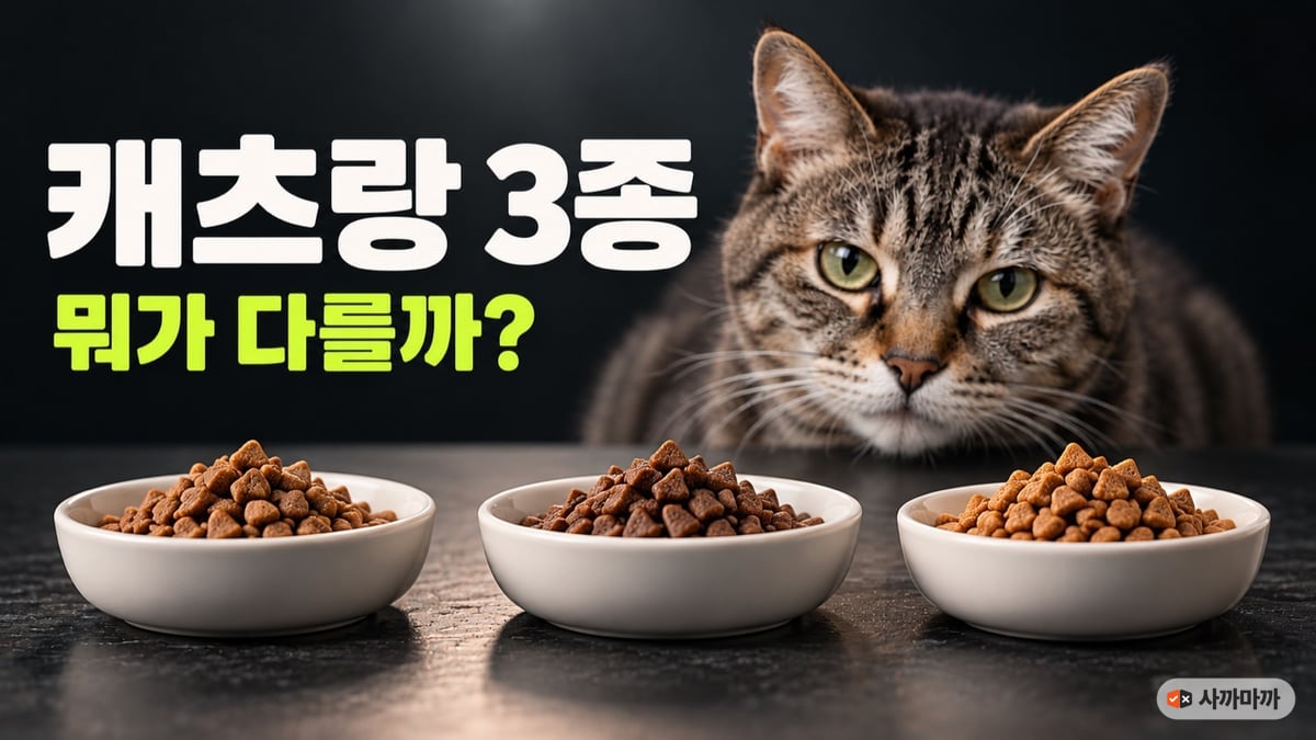 어두운 배경의 흰 접시 세 개에 담긴 작은 삼각형 고양이 사료와 그 뒤의 노묘 고등어 태비, 캐츠랑 3종 뭐가 다를까